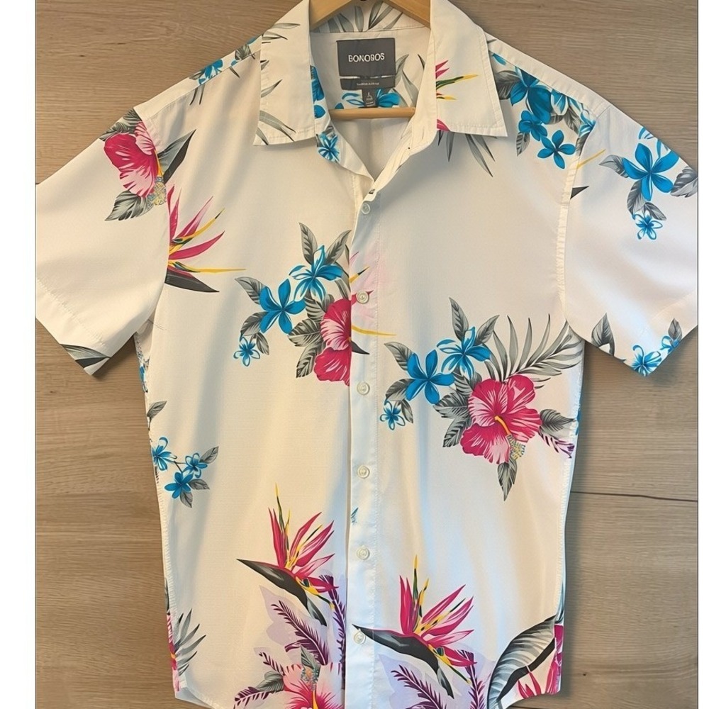 Bonobos Tropical Hawaiian White Short Sleeved Slim Fit Camp Shirt Men's Short/L